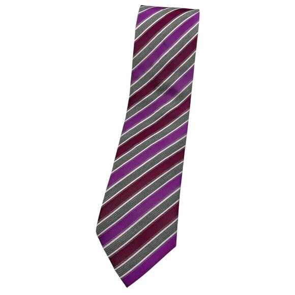 HUGO BOSS Men's 100% Silk Necktie LUXURY XL Purple Burgundy Striped W:3.5" EUC - Picture 1 of 4